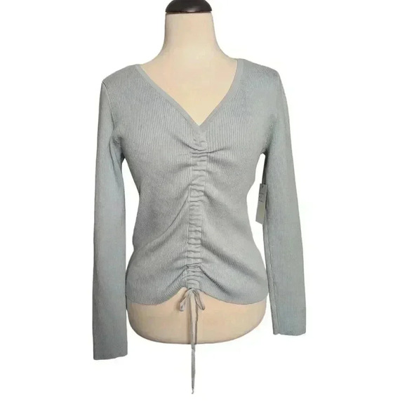 New Nikka K Medium Light Blue V-neck Center Drawstring Cinch Ribbed Sweater - Picture 1 of 7